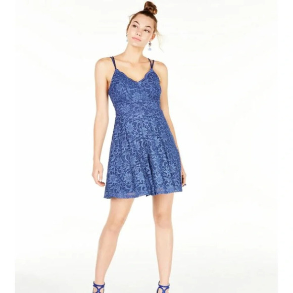 Teeze Me Junior's Metallic Lace Fit & Flare Dress Blue - Picture 2 of 3